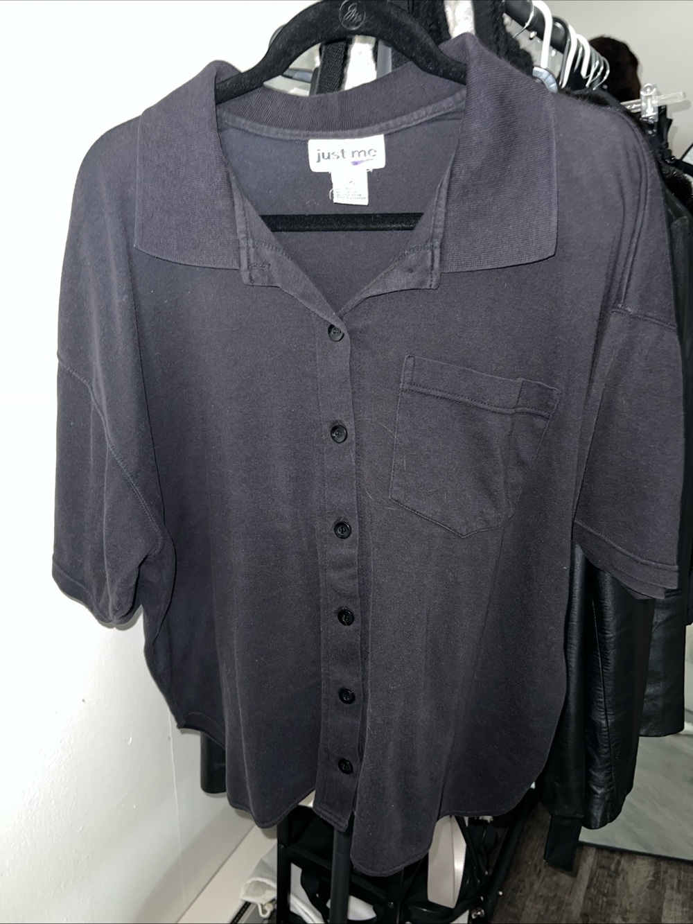 Just Me Men’s Black Button-Up Polo Shirt